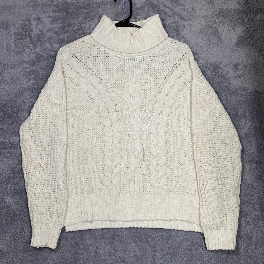 Moral Fiber Women's Cream Cable Knit Turtleneck Sweater Size M Polyester‎ Chunky